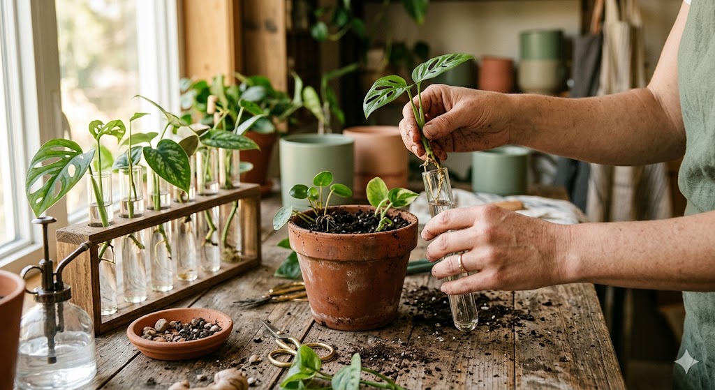 Hands potting cuttings at a propagation workshop