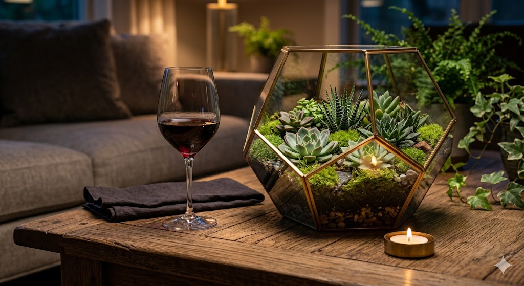 Glass terrariums assembled at a nursery workshop